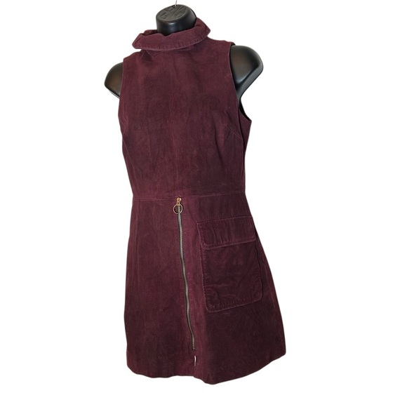 Suede Leather 60s Mod Mini Dress Mock Neck O Ring Zipper Sleeveless XS Burgundy - Picture 1 of 13
